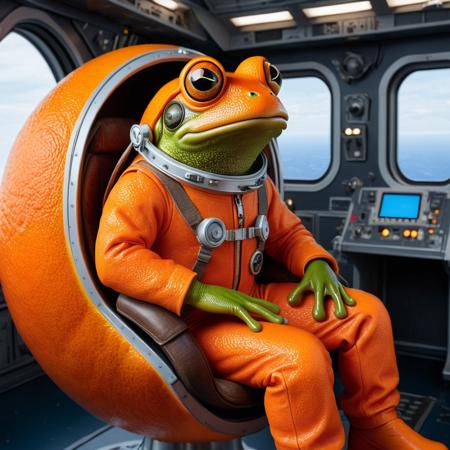 a frog in the pilot seat of a space ship in space, with large eyes <lora:blood_orange_world_morph_sdxl:1>  realistic, orange (fruit)
wearing an orange space suit