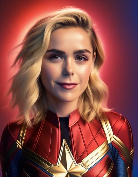 <lora:krnnshpk:1> portrait photo of krnnshpk woman as Captain Marvel, cinematic lighting