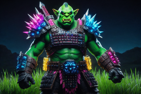 an orc raider made out of RGB Keyboards, with green skin, wearing spiked armor, holding a spiked club, solo, from the Stonecrusher Clan, with stone armor emitting RGB lights and gray war paint, a neon battlefield with glowing muddy ground, RGB broken weapons, scattered bones with RGB lights, detailed background, tanning a hide, stretching leather, with RGB lights pulsing, joyful, wide smile, with bright RGB lights, wide shot, a neon battle against humans, orcs clashing with soldiers, arrows with RGB lights flying, a glowing RGB blacksmith's hammer with RGB lights, nearby, on a neon grass plain, soft grass with RGB lights, a neon pastel sky with RGB lights, soft pinks and blues shimmering, morning, soft sunlight, dew on grass, fresh air, best quality, vibrant colors, realistic style, high detail, high-definition, hyper-realistic, extremely high-resolution details, fine texture, incredibly lifelike, realistic, not cartoon, not drawing, highres, 4K resolution, source photo, realistic photo, masterpiece, best quality, amazing quality, very aesthetic, ultra-detailed, detailed textures, natural lighting, soft light, neon RGB colors, vibrant reds, blues, greens, digital flash, bright and intense, close-up shot, <lora:RGB_Keyboard_themed-000008:1>