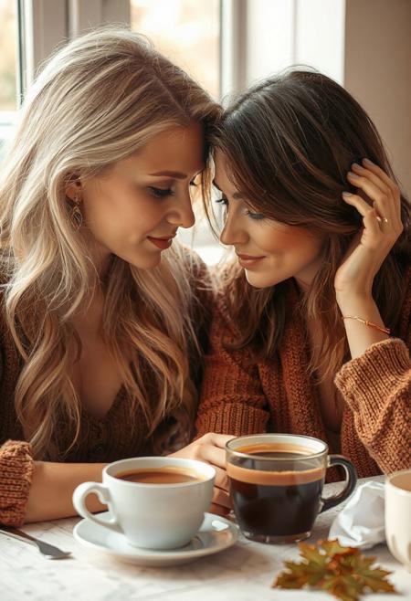 two lovely women at the breakfast table over coffee, one blonde, 20yo, looking at her cup of coffee, relaxed, thinking of a pleasurable last night, the other woman, shoulder length hair brunette, 30yo,  large eyes, looking at the blonde lovingly, reaching out with her hand to move a strand of hair back from the blonde's forehead, close up on faces,