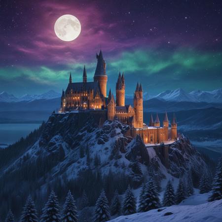 Hogwarts castle on mountain top, hilltop, Hogwarts school, night, moon, glowing, snow, winter, full moon, moonlight, snowing, colors, colorful, psychedelic colors, psychedelic, stars, northern lights, aurora borealis, forest, lake