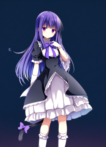 masterpiece, best quality, frederica bernkastel, background dark forest , 1girl, tail, solo, purple eyes, dress, long hair, cat tail, blue hair, bow, socks, ribbon, kneehighs, frills