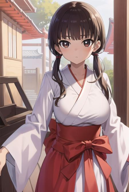 komakijindai, <lora:komakijindai-000010:1>,
komaki jindai, long hair, black hair, twintails, (brown eyes:1.5), low twintails, (large breast:1.2), hair between eyes,
BREAK skirt, long sleeves, cleavage, japanese clothes, wide sleeves, kimono, hakama, hakama skirt, white kimono, miko, red hakama,
BREAK looking at viewer,
BREAK outdoors, shrine,
BREAK <lora:GoodHands-vanilla:1>, (masterpiece:1.2), best quality, high resolution, unity 8k wallpaper, (illustration:0.8), (beautiful detailed eyes:1.6), extremely detailed face, perfect lighting, extremely detailed CG, (perfect hands, perfect anatomy),