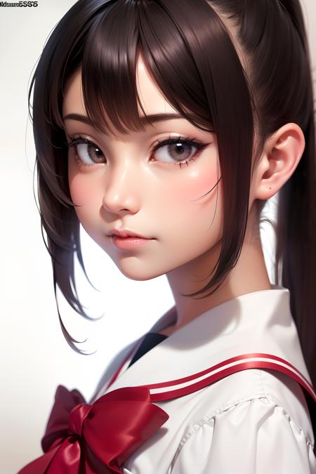 1girl, Solo, Aine_Mahiro, Japanese, Japanese face, Cute, kawaii, Black hair, Black eyes, middle hair, Ponytail, small brest, Small Girl, 20year old, School uniform, ((upper body, looking at viewer)),