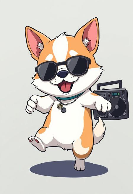 anime style, a dog break dancing with a boom box, chibi,