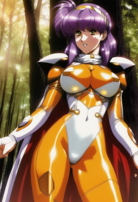 high resolution, masterpiece, perfect face, high quality, promo art,   <lora:Lambda052:.8>, Lambda, white headband, medium purple hair, yellow latex bodysuit, white leotard, white sleeves, shoulder armor, red cape, large breasts, ((forest)), yellow eyes <lora:Urushihara Satoshi_v3:.6>