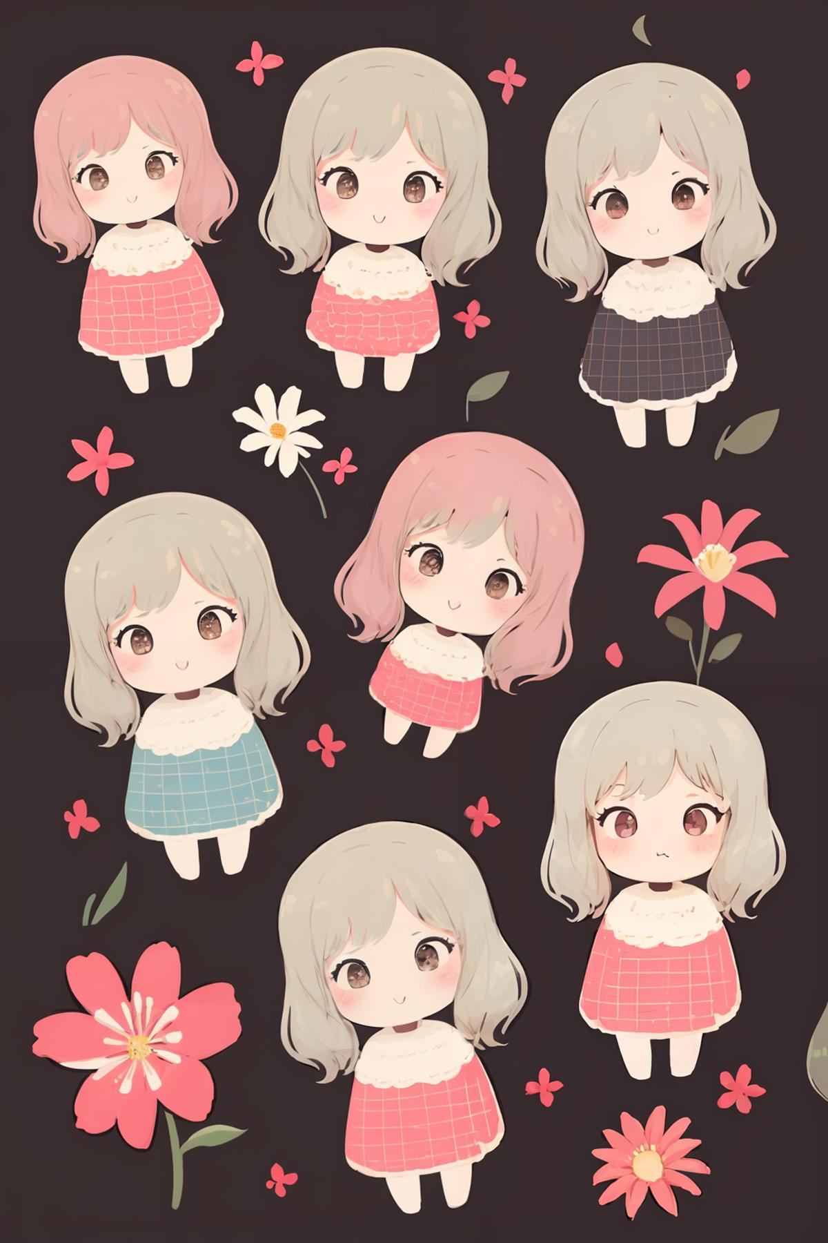 A collection of cute girl illustrations with flowers.