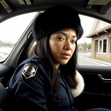 Norwegian police station chief, a sultry tall tough-as-nails sexy woman, 40 years old, long black hair, some wrinkles, pasty skin, beautiful but in a severe way, small tits, full-body view, fur hat, stopping a drunk driver and hitting him with a baton