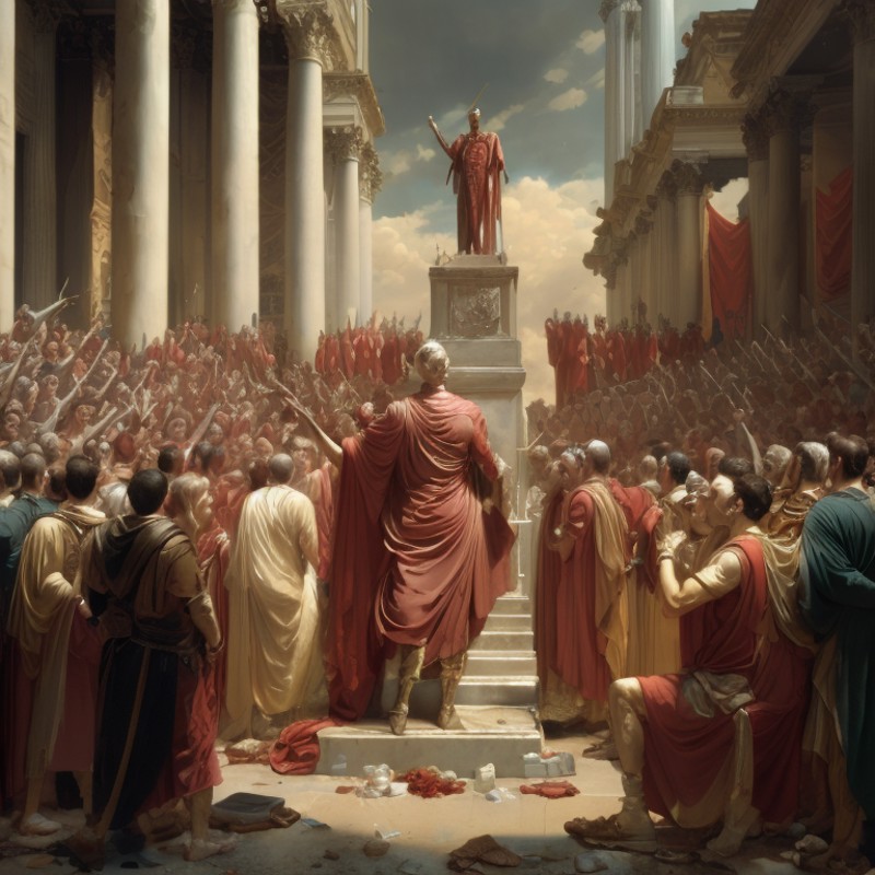 a painting of a crowd of people in front of a building, shutterstock, neoclassicism, statue of julius caesar, ted nasmith ...