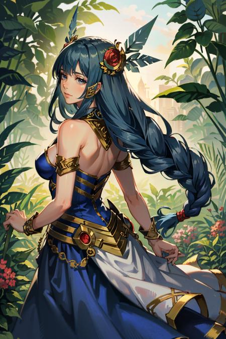 ((masterpiece, best quality))
<lora:ValkyrieProfileLenneth:0.8>
ValkyrieProfileLenneth, 1girl, solo, long hair, braid, blue hair, in a lush jungle with vibrant flowers, from behind, looking back