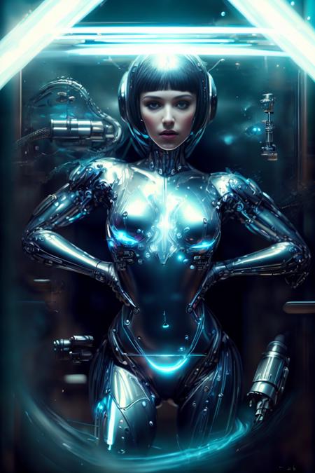 <lora:metal2:0.7>, <lora:AntimatterTech:1.4>, cyborg 1girl, mirror skin, liquid medal girl, antitech, ((body radiates light particles)), chaos, factory, full length photo, One hand behind the head pose,raw photo, masterpiece, Photorealistic, highly detailed, realistic, intricate, beautiful, smooth, sharp focus, atmospheric lighting, cinematic lighting, (insanely detailed:1.4), (extremely fine details:1.35), a detailed masterpiece by Ralph McQuarrie,Agnes Cecilemasterpiece by Agnes Cecile