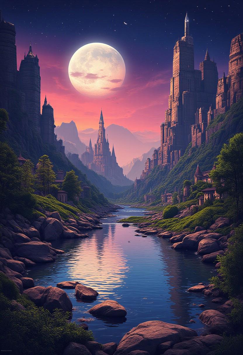 fantasy, space planet, sun, moon, morning, stars, (big rocks:0.9), (ripples, reflections:0.9), spatial futuristic castle, (small river pond:0.8), space forest, (space village:1.2), (stunning nature aquatic environment:0.8), spaceship, (unknown exotic land:0.9), beautiful space fantasy sci-fi futuristic landscape, (nice alien civilization), (very detailed:1.2), (best quality:1.2), sharp focus, high contrast, cinematic lights, backlight, shadows, (lens flare:0.4), (vibrant colors, colorful):0.7, (Paper Bag Brown flowers:0.9) and leaves,  <lora:artilands:0.8>  <lora:aidmaImageUpgrader:0.8> aidmaimageupgrader <lora:Anti-Blur:0.8> <lora:Luminous_Shadowscape:0.3>