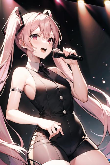 best quality, masterpiece,  <lora:sakura_miku-10:NUM>,sakuramikuv1, stage, stage lights, singing, microphone,