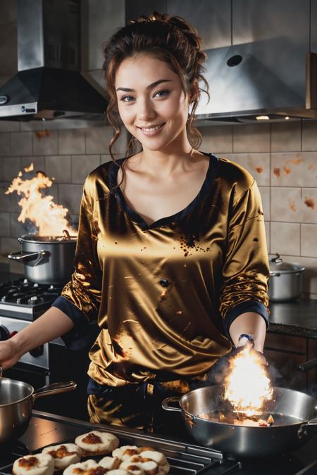 masterpiece, 8k,<lora:Blow It Up:1.2> explosion artstyle , 1girl,  (cooking:1.4), looking at viewer, Wearing sexy pajamas,  light smile, cooking in the kitchen with a skillet, skillet explosion, cinematic lighting, explosion front and behind , upper body, thaidollarunee , highly detailed face, explosion on pan , (big explosion), <lora:ThaidollParichart_v1A:0.80>, fire burning hair,
