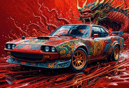 Finely detailed vector illustration, classical sports car, japanese oni, symbiosis, ultra realistic quality, interwoven pattern, red background, hyperdetailed, intricately detailed,  triadic colors,fantastical,intricate detail,splash screen,complementary colors, fantasy concept art, 8k resolution, masterpiece, oil painting, thick strokes, rich strokes, running drops,
