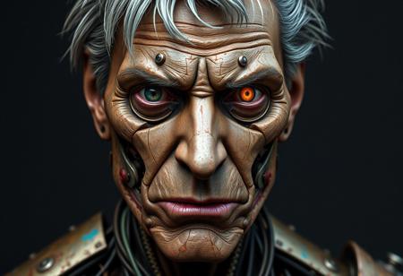 close-up portrait of an aged male android, his face a mosaic of weathered, rusted metal plates and exposed circuitry. Silver hair, streaked with the patina of time, partially covers his ancient mechanical cranium. His eyes, one human-like and the other a glowing amber optic, stare intensely into the camera, conveying a lifetime of synthetic memories. The mouth is partially damaged and teeths can be seen throught. The remnants of paint and old battles mar his metallic skin, suggesting a history of service and survival. His neck and shoulders, visible parts of an intricate network of corroded metal and frayed wires, blend into his torso, hinting at a complex structure beneath. The background is dark and subdued, focusing attention on the fine details of his facethe texture of rust, the subtle hints of blue and red corrosion, and the delicate balance between human semblance and mechanical originunderbelly