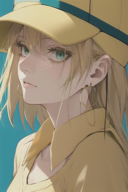 masterpiece, inoitoh, best quality, 1girl, aqua eyes, baseball cap, blonde hair, closed mouth, earrings, green background, hat, hoop earrings, jewelry, looking at viewer, shirt, short hair, simple background, solo, upper body, yellow shirt, <lora:inoitoh:1>