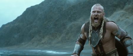 <lora:MovieStillXLV7:1> <lora:add-detail-xl:1.5> Movie still of a viking screaming on a beach, cloudy sky, film grain, dark shadows, (detailed skin), dramatic lighting
