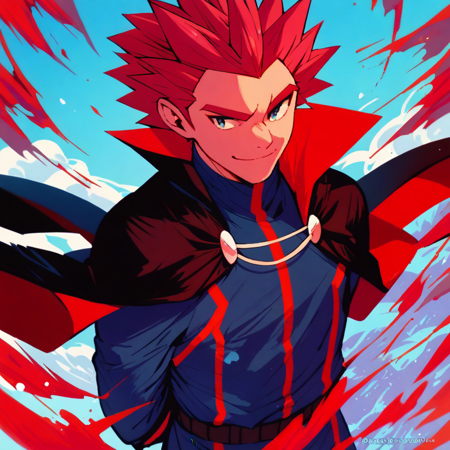 1boy, male focus, red hair, spiked hair,  blue bodysuit, long sleeves, black cape,