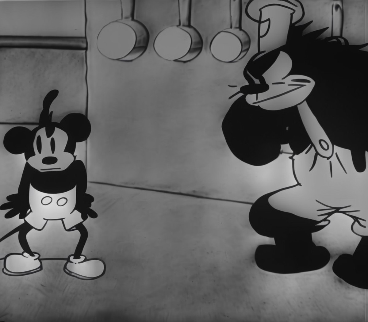 1920s animation, bulwark, pots, pots on wall, mickey mouse, pete
<lora:steamboat_willie:1>
