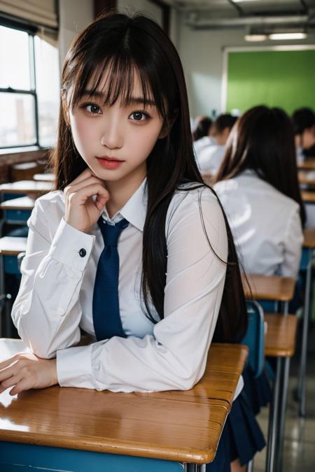 a photo of moefive, 18 year old girl in the classroom, close up, <lora:moefive-13:0.9>, (intricate details:0.8), (hdr, hyperdetailed:1.2), school uniform