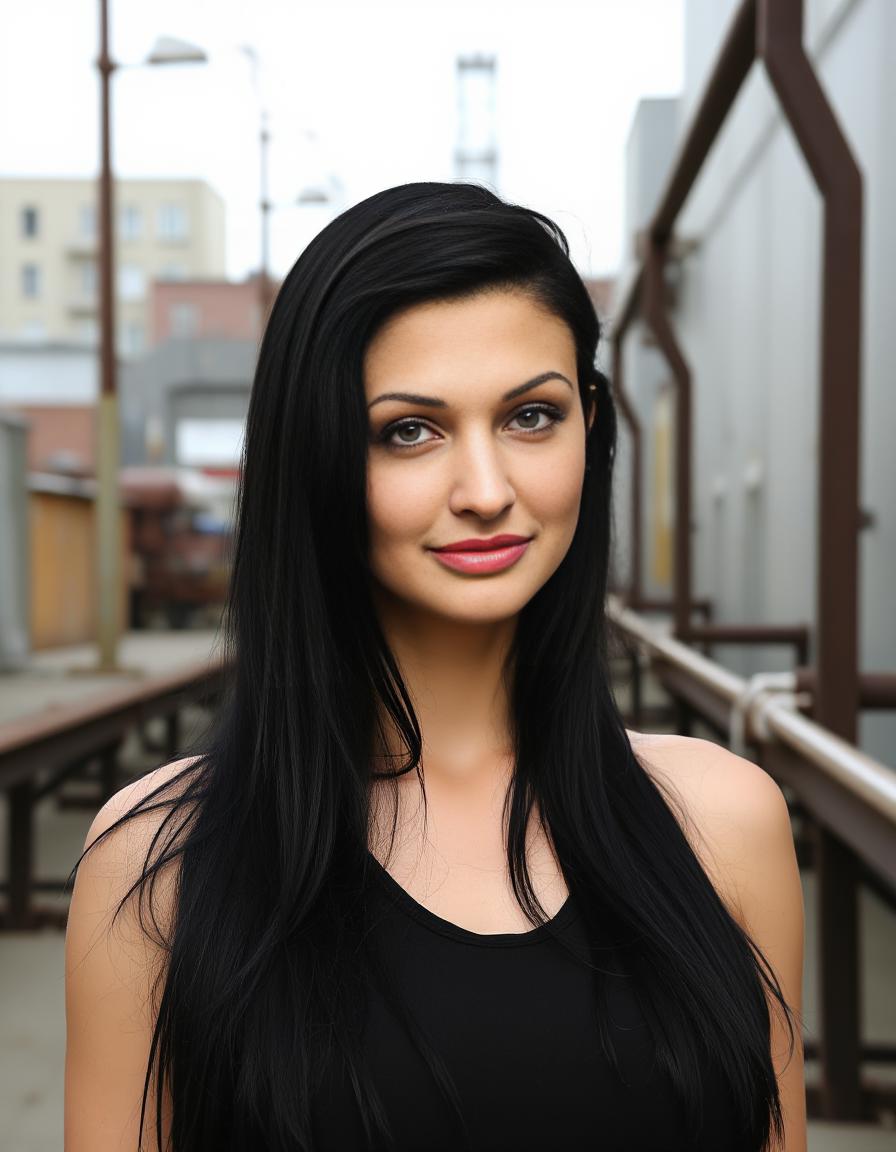 <lora:Aletta_Ocean_Flux:1>The image is a high-resolution photograph featuring a woman standing confidently in an urban, industrial setting. She is a woman of likely Eastern European descent, with a fair to light olive skin tone, long, straight black hair, and striking facial features including prominent cheekbones and full lips.