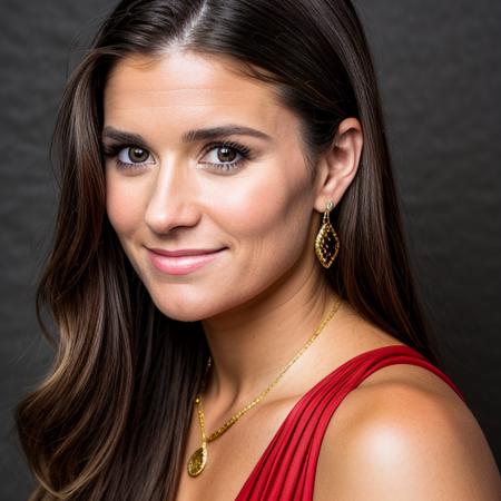 a Realistic portrait of a danica patrick woman with brown eyes and long brown Hair style, looking at the viewer, detailed face, detailed eyes, smiling, perfect slim body, modelshoot style, hand on own shoulder, wearing a red dress, wearing gold earrings and jewelry, soft lighting, professional Photography, Photorealistic, detailed, standing in a dark Studio Room background, blurred background, RAW, analog, sharp focus, 8k, HD, DSLR, high quality, Fujifilm XT3, film grain, award winning, masterpiece
<lora:danica patrick v1.2:1>