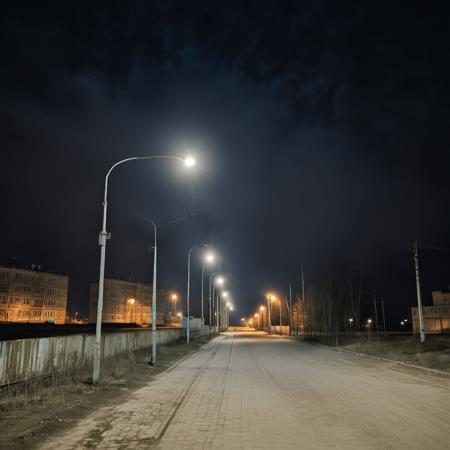 A desolate road stretches forth into the distance in a Russian suburb, flanked by darkness and the occasional glimmer of residential dwellings. The road is eerily illuminated by sporadic streetlights, whose beams struggle to pierce the enveloping gloom. In the far distance, brighter industrial lights form a luminous horizon, creating a stark dichotomy against the night sky. The muted colors, the lack of human presence, and the sprawling darkness convey a sense of abandonment and bleakness, characteristic of the periphery where the urban fabric frays into the obscure vastness of the suburbs at night. desolate road, Russian suburb, darkness, streetlights, industrial horizon, night sky, muted colors, lack of presence, abandonment, bleakness, urban periphery, film grain professional 35 mm photo, tumblr <lora:dark slav suburbs_v0.0.1-15:0.75>