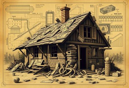 An artistic blend of a 1920s architectural blueprint with a chaotic twist, overlayed on a dilapidated shanty. The scene includes a complex design of junk bonds, stock certificates, and financial symbols intertwined with old-school blueprints, giving it a sense of disarray and desperation. Super Mario Bros elements subtly weave through the composition—iconic bricks, pipes, and retro game symbols emerge from the shanty structure. The overall style is vintage, with muted, sepia tones, reminiscent of the early 20th century, juxtaposed with the playful energy of 8-bit pixel art. The scene captures a collision of economic collapse and playful nostalgia