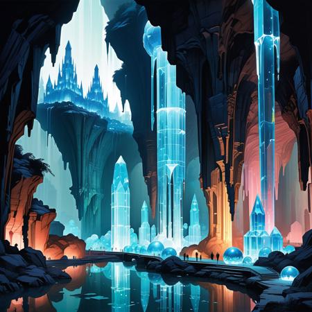 Underground cavern, crystal city, lightly glowing, cityscape, tall crystal structures, large crystal palace, floating crystal roads. Bright floating orbs. Waterfall. sinoink