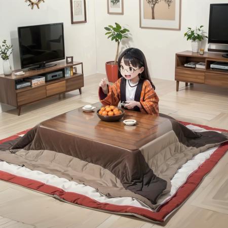 best quality, ultra-detailed, illustration,
hanten, 1girl, glasses, black hair, long hair, sitting, shirt, laughing, looking at viewer, solo focus, 
kotatsu, indoors, television, rug, wooden floor, book, blanket, carpet, mandarin orange, cup, orange (fruit), bowl, teapot,
 <lora:JAPAN_Hanten_SD15_V1:0.6> <lora:JAPAN_Scenery_kotatsu_SD15_V2:0.6>