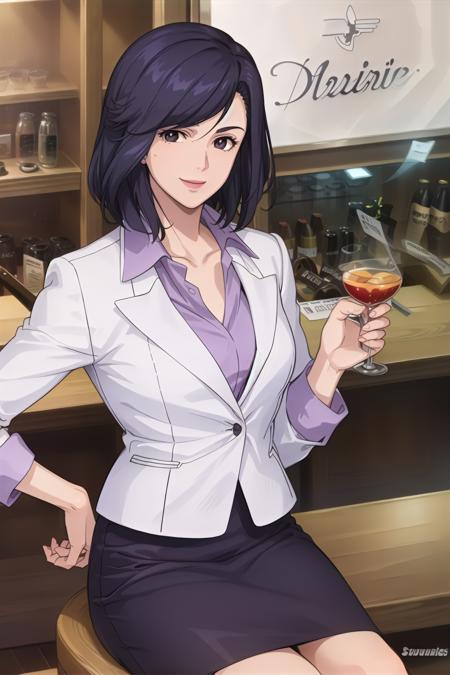 (game cg,best quality,masterpiece:1.3),1girl<lora:SaekoNogami2:0.8>saeko,white jacket,purple shirt,pencil skirt,sitting, bar, night, drinking glass, cocktail, looking at viewer, smile