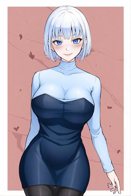 (best quality, masterpiece),kiseia, 1girl, white hair, blue eyes, bangs, short hair, breasts, solo,  looking at viewer, smile, blush, dress, pantyhose,