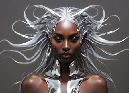 Abstract style simple background, elf, parted lips, dark-skinned female, wet, white hair, shiny, dark skin, black background, dripping, 1girl, pointy ears, long hair, eyelashes, portrait, Mercury, black skin, closed eyes, horns, teeth, white eyes, beautiful, strong, elegant, luxury, elite, dramatic light, illuminated, sharp focus
 <lora:MercuryXL-000009:1>, , <lora:FILM_PHOTOGRAPHY_STYLE:0.25> . Non-representational, colors and shapes, expression of feelings, imaginative, highly detailed