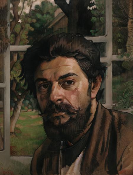 <lora:Cloisonnism:1>, Cloisonnism, solo, black hair, 1boy, male focus, tree, window, facial hair, grass, beard, mustache