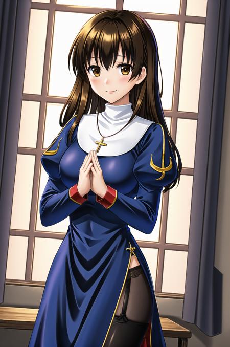 priestRO, long sleeves, pantyhose, thighhighs, garter belt, shoes, long dress, puffy sleeves, turtleneck necklace, cross necklace