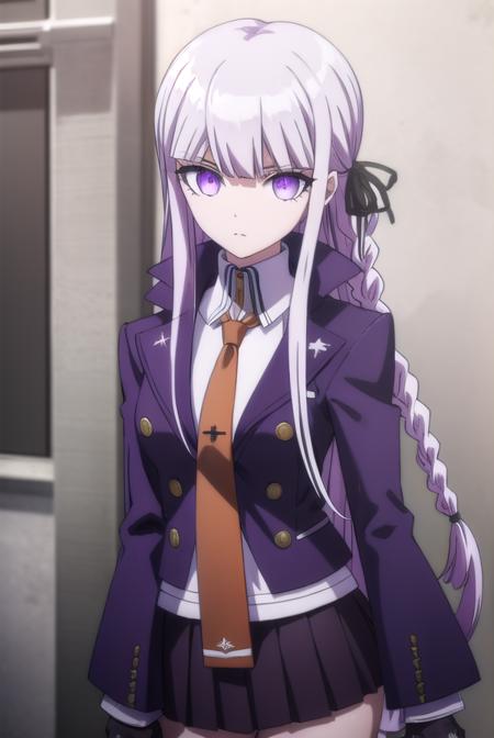 kyokokirigiri, <lora:kyouko kirigiri s1-lora-nochekaiser:1>,
kyouko kirigiri, long hair, bangs, ribbon, (purple eyes:1.1), hair ribbon, purple hair, braid, single braid, side braid,
BREAK skirt, shirt, gloves, long sleeves, jacket, white shirt, pleated skirt, open clothes, necktie, collared shirt, black skirt, open jacket, black jacket, black ribbon, brown necktie,
BREAK outdoors, classroom,
BREAK looking at viewer, (cowboy shot:1.5),
BREAK <lyco:GoodHands-beta2:1>, (masterpiece:1.2), best quality, high resolution, unity 8k wallpaper, (illustration:0.8), (beautiful detailed eyes:1.6), extremely detailed face, perfect lighting, extremely detailed CG, (perfect hands, perfect anatomy),