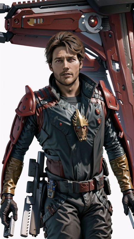 Star Lord, (masterpiece, best quality, ultra-detailed, highres),weapon, 1boy, gun, male focus, holding, solo, holding weapon, holding gun, armor, brown hair, gloves, white background, red eyes <lora:Star_Lord-10:1>