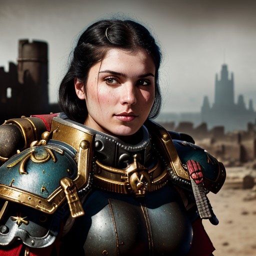 warhammer 40k, space marine, armor, adepta sororitas,  RAW photo, a close up portrait photo of a 30 year old woman, backgr...