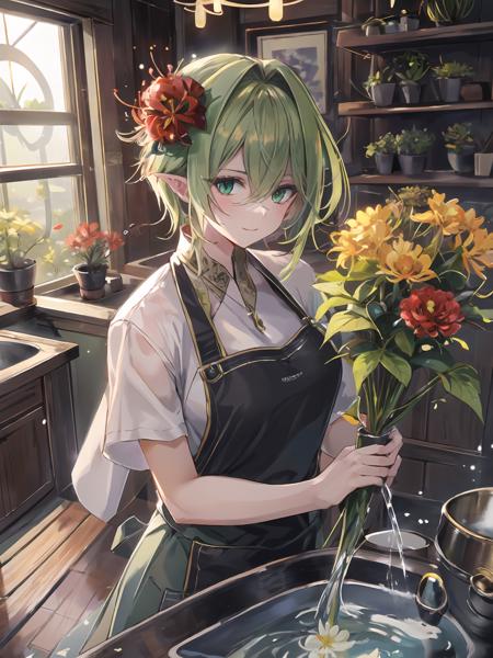 masterpiece,best quality,highres,cinematic lighting,dramatic angle,1girl,green hair,green eyes,hair flower,pointy ears,<lora:ShadowverseMagachiyoV3-000017:0.8:lbw=mgcy>,depth of field,necklace,looking at viewer,turning head,smile,gardener suit,work clothes,apron,white shirt,watering flowers,water can,flower shop,wooden floor,pots,<lora:add_detail:0.25>,flowers of different colors with waterdrops on it,streetscape,sunshine,