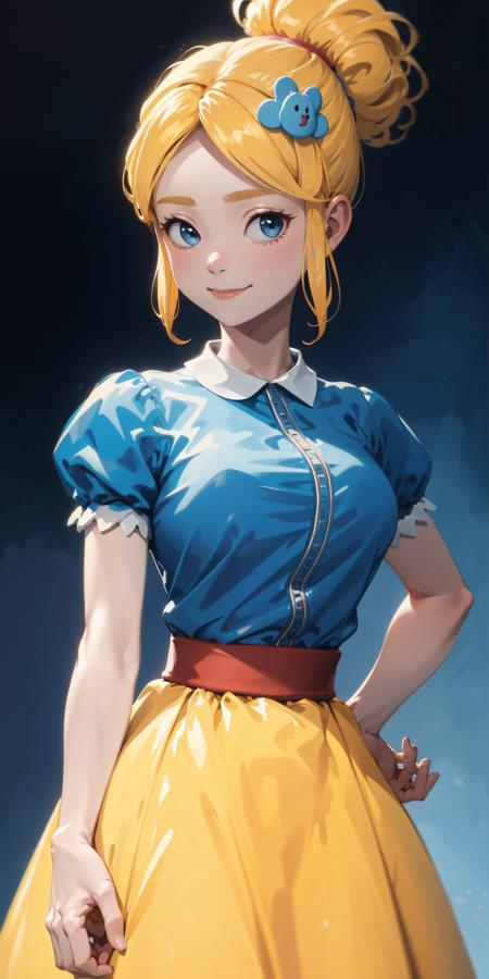 (masterpiece,  4k,  best quality),  anime,  1girl,  /piper/,  solo,  smile,  blonde hair,  hair ornament,  medium breasts,  closed mouth,  standing,  full body,  short sleeves,  puffy sleeves,  hair flower,  hair bun,  puffy short sleeves,  hand on hip,  leaning forward,  blue dress,  happy,  arm behind back,  long dress,  white background,  detailed