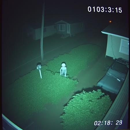 a frame from a night security camera captures an alien lost in the night hidden, hiding, among the bushes in the backyard of a house watching the street, the camera is positioned on a roof so the view is from above, night vision, poor quality cctv, in the image you can see the date and time, film grain