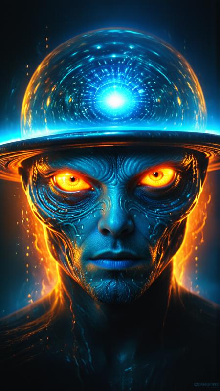novuschroma style, chrmtcgldCE_style, Hyper-realistic digital art of a mystical and powerful the PLANETS who was scared of the aliens, rendered in a dramatic and vivid neon style, with dynamic swirling colors (blue, black, orange, dark green) creating intricate patterns across the face and hair. The composition highlights the intense emotion in the subject's glowing eyes, conveying wisdom and strength. The image features a sharp, high-definition cinematic look, with realistic depth, ultra-fine textures, and seamless blending of colors. Highly detailed facial features, emphasizing a luminous, painterly quality with vibrant lighting effects and stunning visual contrasts. Complex layering, abstract accents, and a surreal yet refined aesthetic contribute to an extraordinary, visually immersive masterpiece