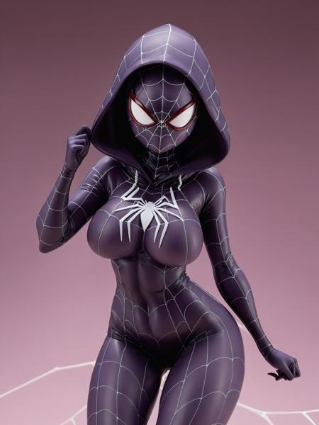 pvc,1girl,hooded bodysuit,solo,breasts,bodysuit,hood,skin tight,spider web print,covered navel,superhero,medium breasts,mask,simple background,hood up,animification,spider web,border,silk,