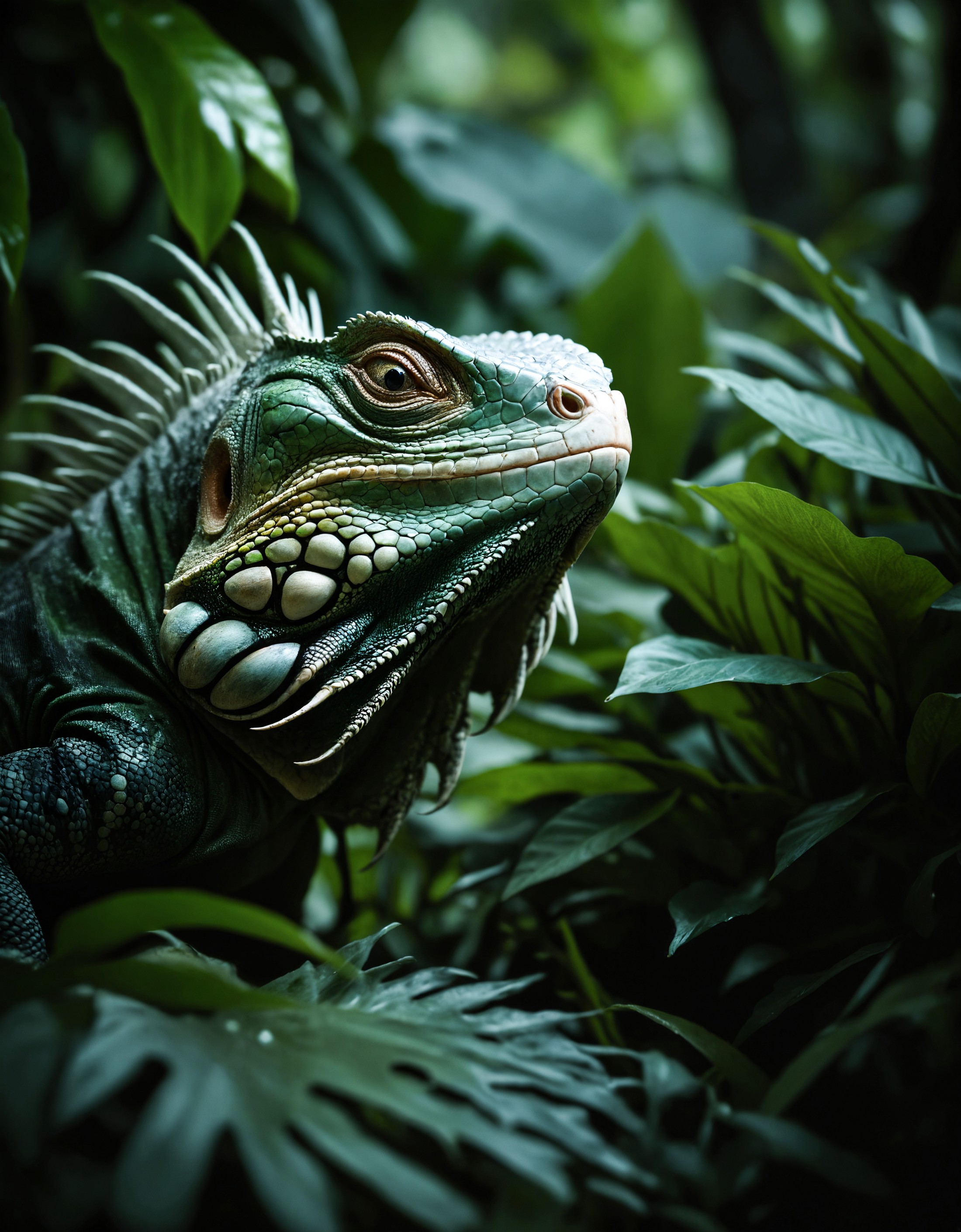 Animalfocus, nature shot with wide shot of a dark jungle scene,face of a iguana hiding between the bushes,nightfall,dimmly...