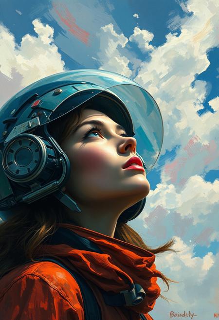 A woman in a futuristic helmet gazes up at a swirling sky, where the clouds are made of loose, impressionistic brushstrokes that shift and change like a dream.
hyper-realistic portraiture, expressive abstract textures, bold vibrant colors, strong confident figures, dynamic brushwork, atmospheric backgrounds, striking visual contrast, contemporary impressionism, powerful female presence, painterly textures, dramatic lighting, surreal color blending, classical realism with modern abstraction, emotional intensity, cinematic composition