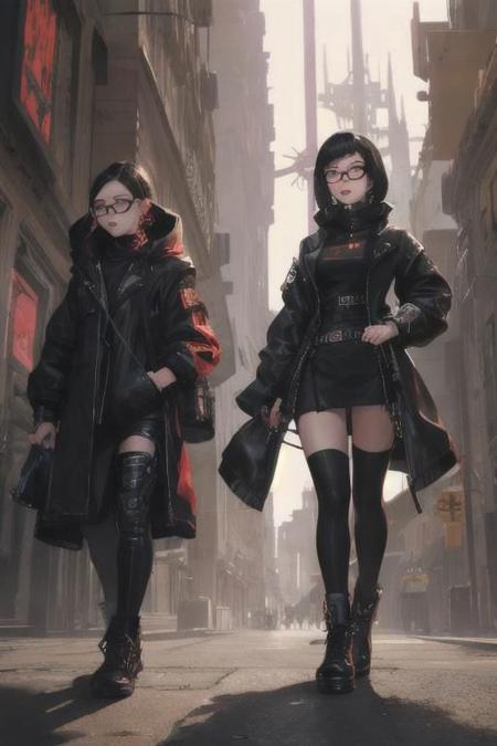 goth girl on glasses, cathedral and together with a girl that has cyberpunk clothes smoking a cigarette