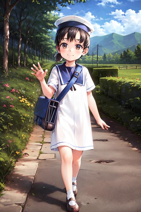 (masterpiece), (best quality), (ultra-detailed), photorealistic, (best illustration), (an extremely delicate and beautiful), 1girl, solo, kchiburi, low ponytail, short hair, sailor dress, white dress, blue sailor collar, hat, full body <lora:hiburigata_nai_9:0.7:lbw=OUTD> standing, brown eyes, looking at viewer, smile, walking, waving, shoes, sunlight, blue sky, detailed scenery, looking away, white cloud, child, shoulder bag, <lora:more_details:-.25>