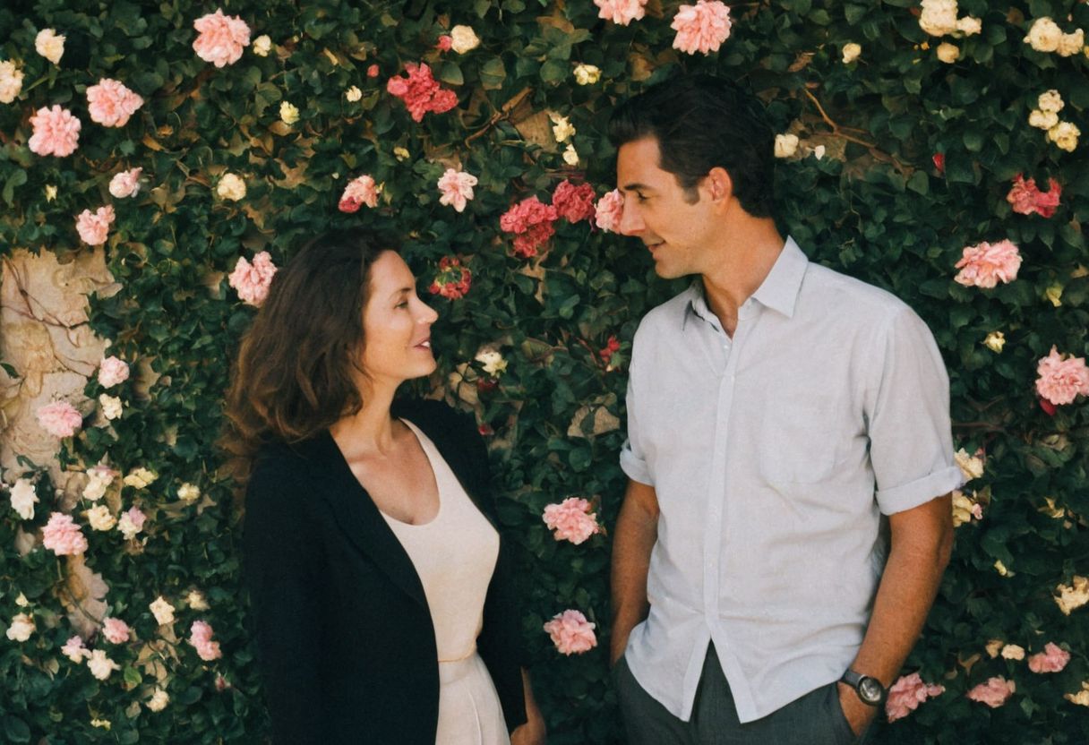 leica m3, 35mm Voigtlander lens, Portra 160/400, photograph of an Italian couple talking under a beautiful floral wall in Italy, photo taken in 50s, high resolution, high contrast, natural  sunlight