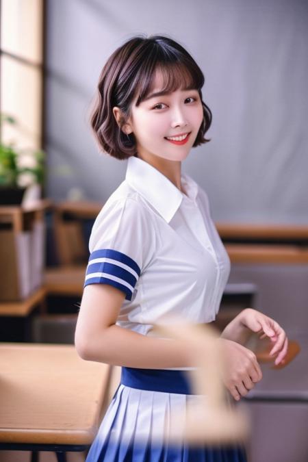 nice hand,perfect hand, <lora:GoodHands-beta2:1>
CWLAN,1girl,short hair,(white school Uniform:1.3),shirt,solo,classroom,smile,realistic,(looking at viewer:1),standing,medium breasts, best quality,masterpiece,illustration,an extremely delicate and beautiful,CG,unity,8k wallpaper,Amazing,finely detail,masterpiece,official art,extremely detailed CG unity 8k wallpaper,incredibly absurdres,huge filesize,ultra-detailed,highres,extremely detailed,beautiful detailed girl,realistic,full frontal,light contrast,blurry, <lora:LANLAN:0.9>, <lora:LCM-LoRA_sd15:1>, <lora:add_detail:0.5>